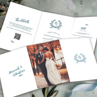 Staubblaue Foto-QR-Code-RSVP-Hochzeitsdetails Dreifach Gefaltete Karte