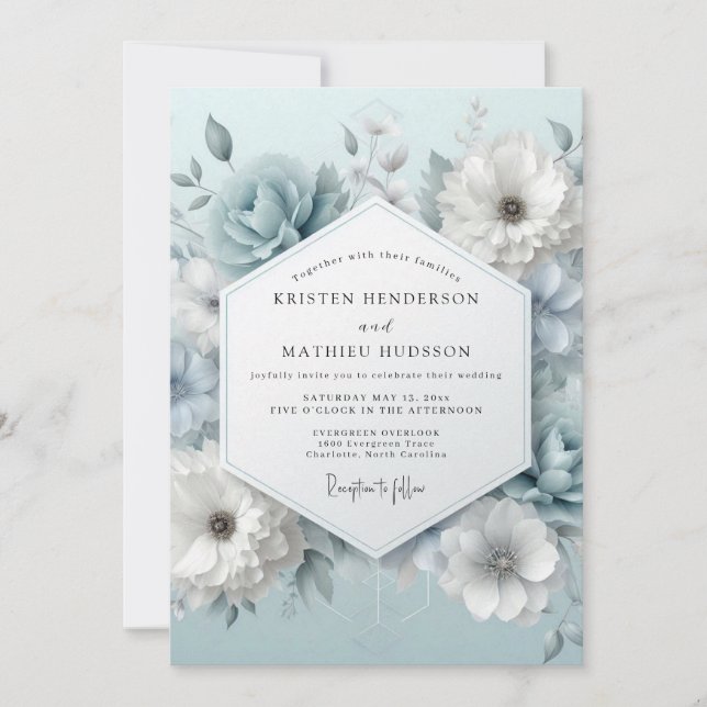 Staubblaue gefrostete Flora-Hochzeit Einladung (Vorderseite)