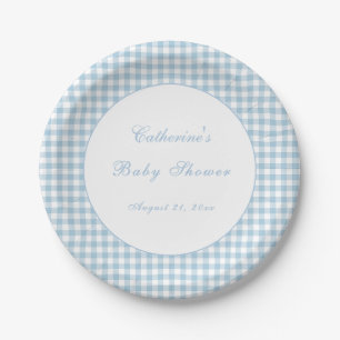 Staubblaue Gingham-Klassiker-Baby-Shower-Platte Pappteller