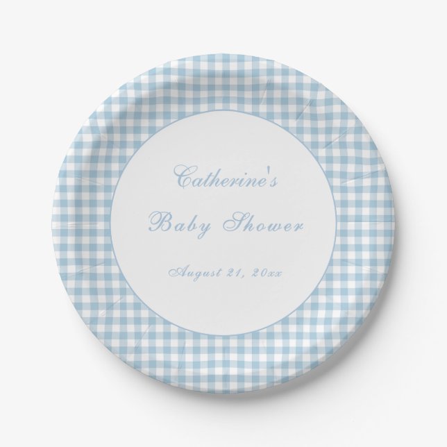 Staubblaue Gingham-Klassiker-Baby-Shower-Platte Pappteller (Vorderseite)