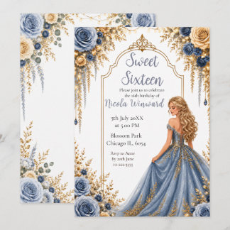 Staubblaue Gold Blumen Sweet Sixteen Party Einladung