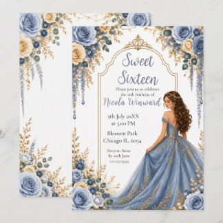 Staubblaue Gold Blumen Sweet Sixteen Party Einladung