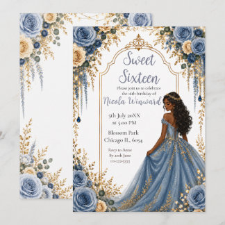 Staubblaue Gold-Blumen-Sweet-Sixteen-Party Einladung