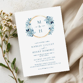 Staubblaue Grünpflanzen-Kranz-Monogramm-Hochzeit Einladung