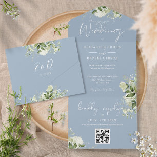 Staubblaue Grünpflanzen-QR-Code-Monogramm-Hochzeit All In One Einladung