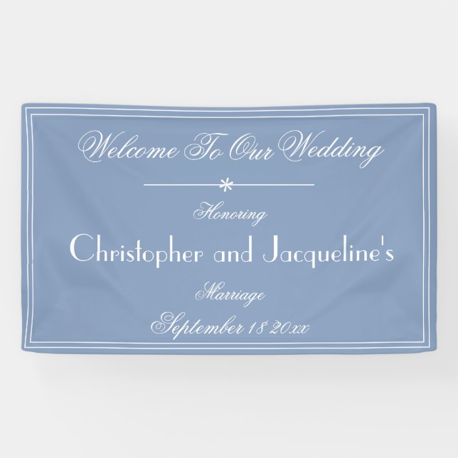 Staubblaue Hochzeit-Chic-Schrift Namen Willkommen Banner (Horizontal)