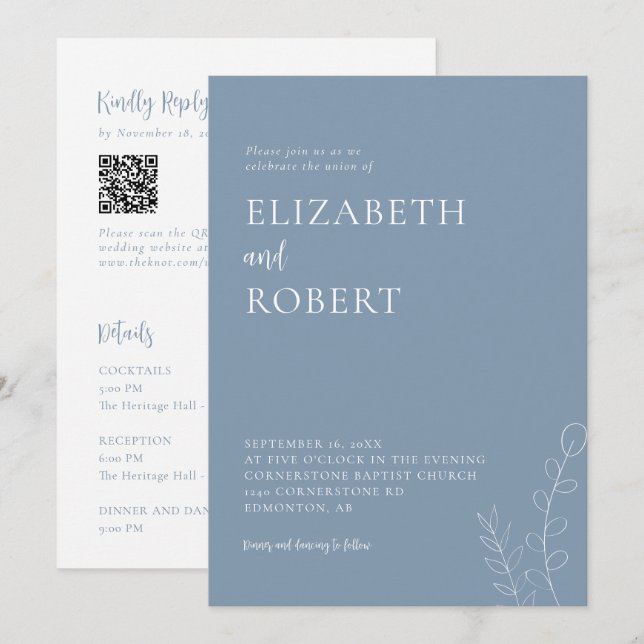 Staubblaue Hochzeit Minimalistisch Moderne QR-Code Einladung (Vorne/Hinten)