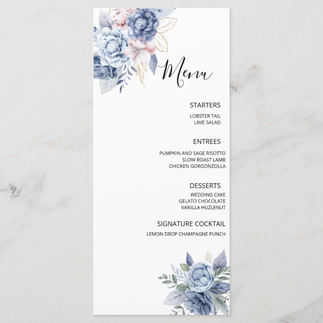 Staubblaue Hochzeit mit Blumen Menükarte (Vorderseite)