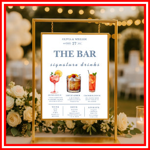 Staubblaue Hochzeits-Signature-Drinks-Bar-Menükart Poster