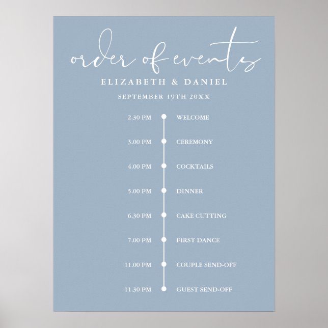 Staubblaue Hochzeitsablauf-Timeline-Tafel Poster (Vorne)