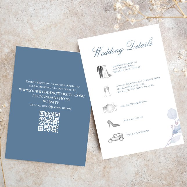 Staubblaue Hochzeitsdetails QR-Code Einlage Begleitkarte (Dusty blue QR code wedding RSVP card for easy online guest responses)