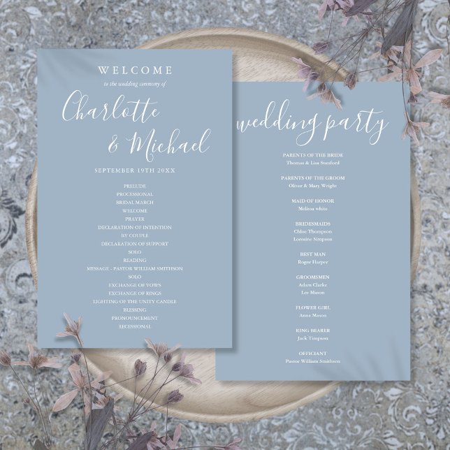 Staubblaue Hochzeitsprogramm mit Unterschriftensch (Dusty Blue Signature Script Wedding Program)