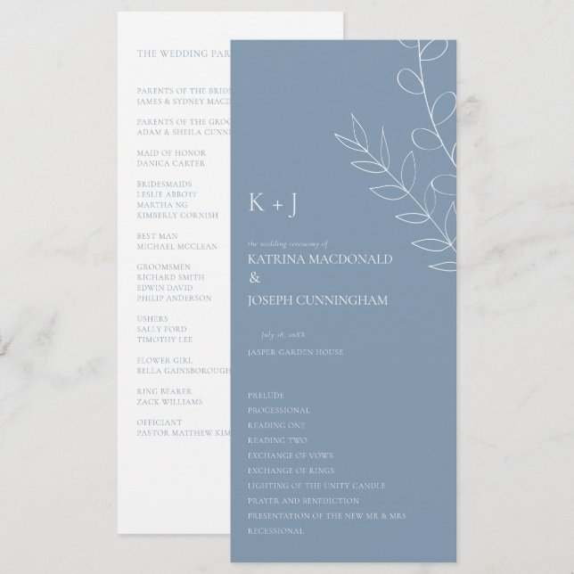 Staubblaue Hochzeitszeremonie Minimalistisch Elega Programm (Vorne/Hinten)