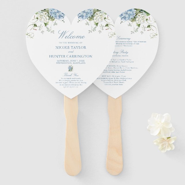 Staubblaue Hortensien-Herz-Hochzeitsprogramm Fächer (Vorne und Hinten)