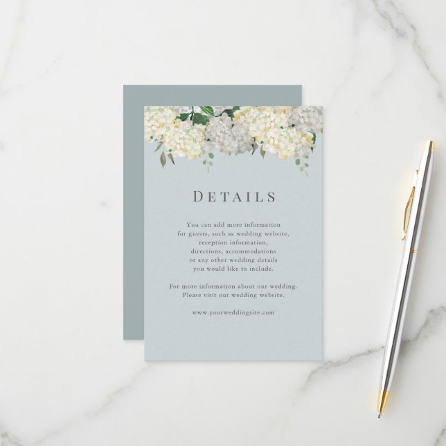Staubblaue Hortensien-Hochzeitsdetails RSVP Karte (Vorderseite/Rückseite Beispiel)