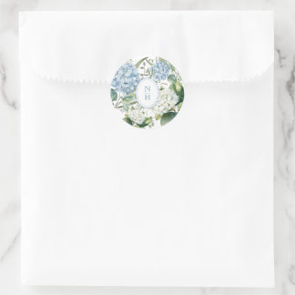 Staubblaue Hortensien-Hochzeitsmonogramm Runder Aufkleber