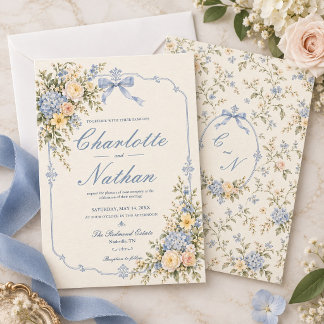 Staubblaue Hortensien-Schleifen-Erbstück-Hochzeit Einladung