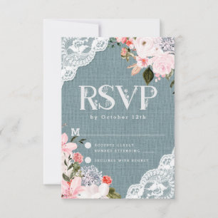 Staubblaue Jute-Spitze- und rosafarbene florale Ho RSVP Karte