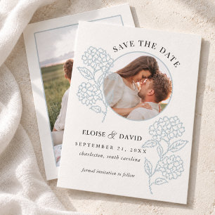 Staubblaue Kreuzstich-Hortensien-Foto-Hochzeit Save The Date