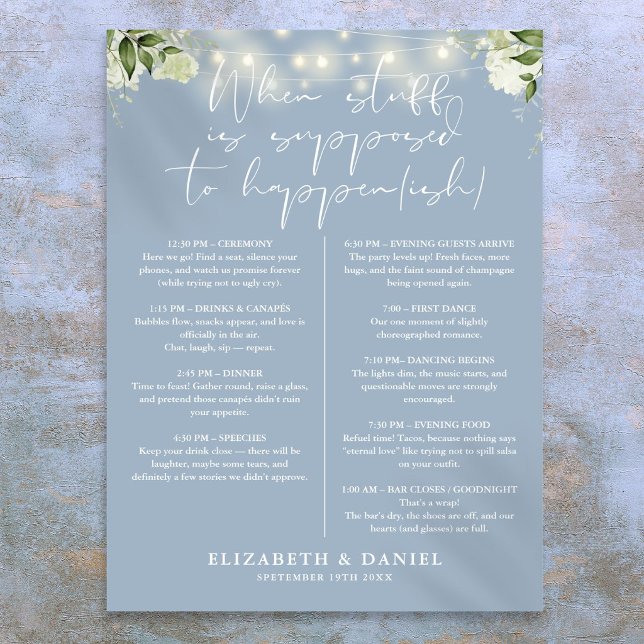 Staubblaue Lichterkette Florale Hochzeitsplanung Poster (Dusty Blue String Lights Floral Wedding Itinerary Poster)