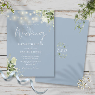 Staubblaue Lichterkette Florales Monogramm Hochzei Einladung