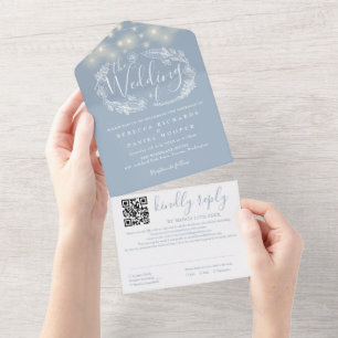 Staubblaue Lichterkette QR-Code Hochzeit All In One Einladung