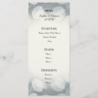 Staubblaue Lunaria-Farn-Hochzeitsmenü Menükarte