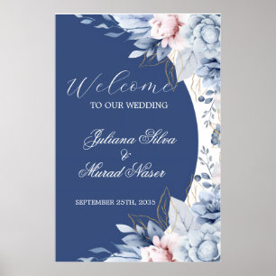 Staubblaue marineblaue florale Hochzeitsbegrüßungs Poster