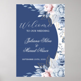 Staubblaue marineblaue florale Hochzeitsbegrüßungs Poster