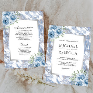 Staubblaue Marmor-Blumen-Silber-Hochzeit Einladung