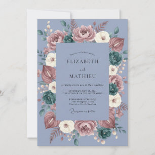 Staubblaue melancholische botanische Hochzeit Einladung