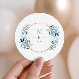 Staubblaue Moderne Monogramm-Hochzeit mit Grünpfla Runder Aufkleber