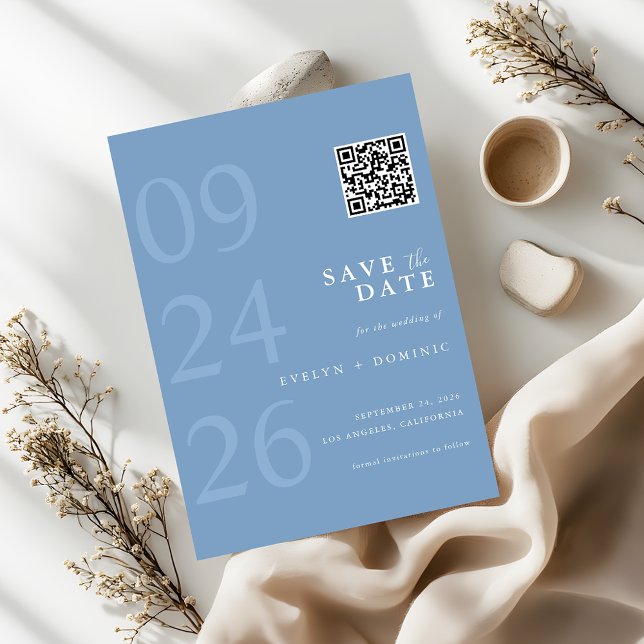 Staubblaue moderne Typografie QR-Code-Hochzeit Save The Date (Von Creator hochgeladen)