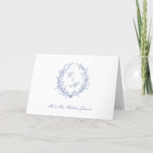 Staubblaue Monogramm Botanischer Kranz Hochzeit Dankeskarte
