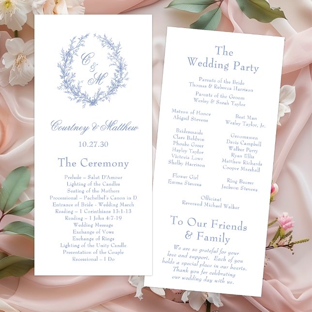 Staubblaue Monogramm Botanischer Kranz Hochzeit Programm (Von Creator hochgeladen)