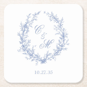 Staubblaue Monogramm Botanischer Kranz Hochzeit Rechteckiger Pappuntersetzer