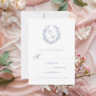 Staubblaue Monogramm Botanischer Kranz Hochzeit RSVP Karte
