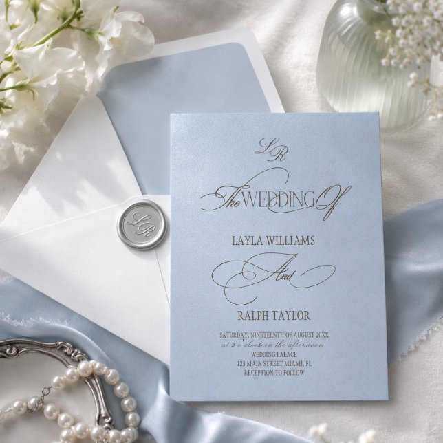 Staubblaue Monogramm-Hochzeitseinladung Einladung (Von Creator hochgeladen)