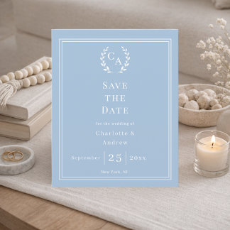 Staubblaue Monogramm-Kranz-Hochzeit Save the Date