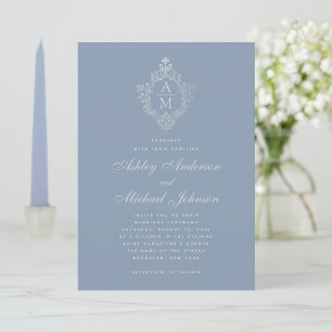 Staubblaue Monogramm Vintage Blumenwappen Hochzeit Einladung