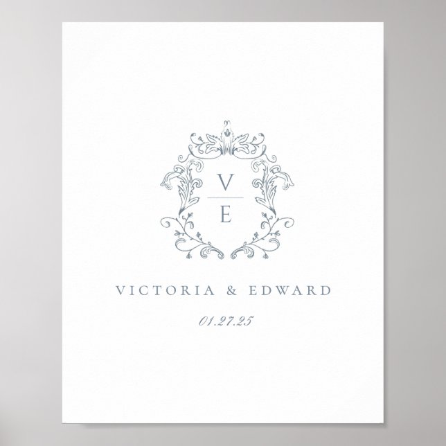 Staubblaue Monogramm-Wappen-Hochzeit Poster (Vorne)