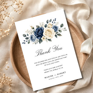 Staubblaue Navy- & Elfenbein-Rosen-Hochzeit Dankeskarte
