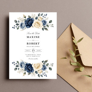 Staubblaue Navy- & Elfenbein-Rosen-Hochzeit Save The Date