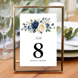 Staubblaue Navy- & Elfenbein-Rosen-Hochzeit Tischnummer