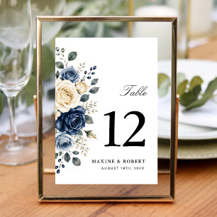 Staubblaue Navy- und Elfenbein-Rosen-Hochzeit Tischnummer