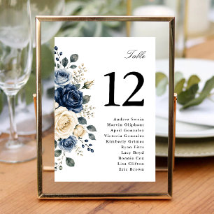 Staubblaue Navy- und Elfenbein-Rosen-Hochzeit Tischnummer