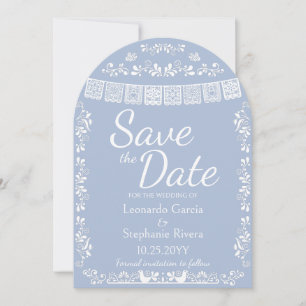 Staubblaue Papel Picado Hochzeit Save the Date Tor Einladung