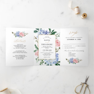 Staubblaue Pastellrosa Hortensien Hochzeit Tri-Fol Dreifach Gefaltete Ankündigung