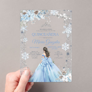 Staubblaue Prinzessin Floral Winter Schne Quinceañ Acryleinladungen