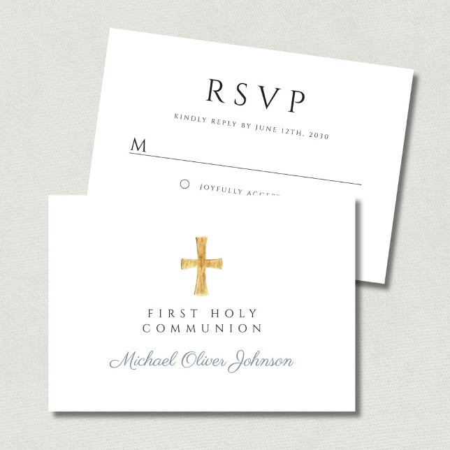 Staubblaue religiöse Kreuz Jungen Erstkommunion RSVP Karte (Dusty Blue Religious Cross Boy First Communion RSVP Card)